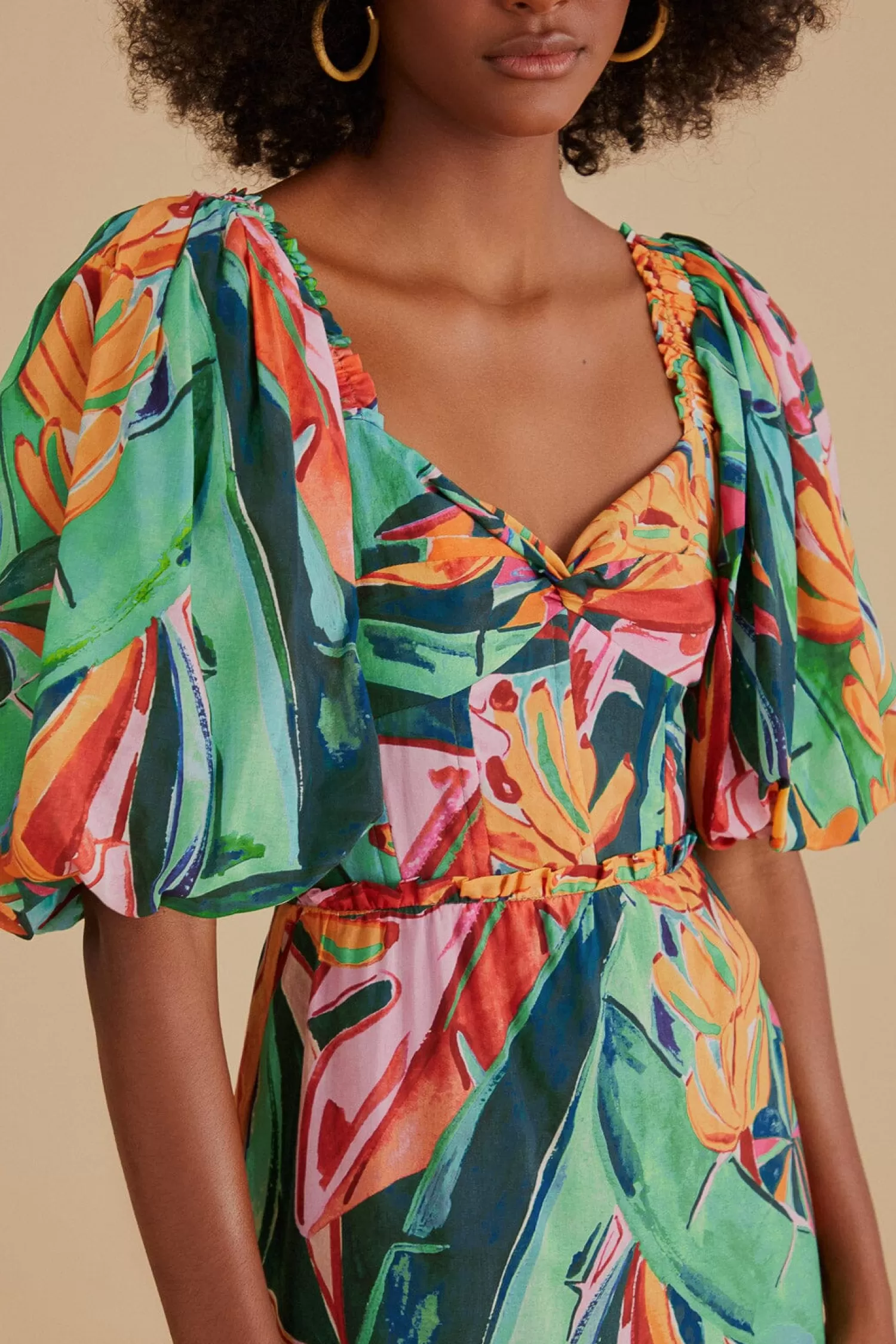 FARM Rio Midi Dresses^ MULTICOLOR BANANA FOLIAGE PUFF SLEEVE MIDI DRESS