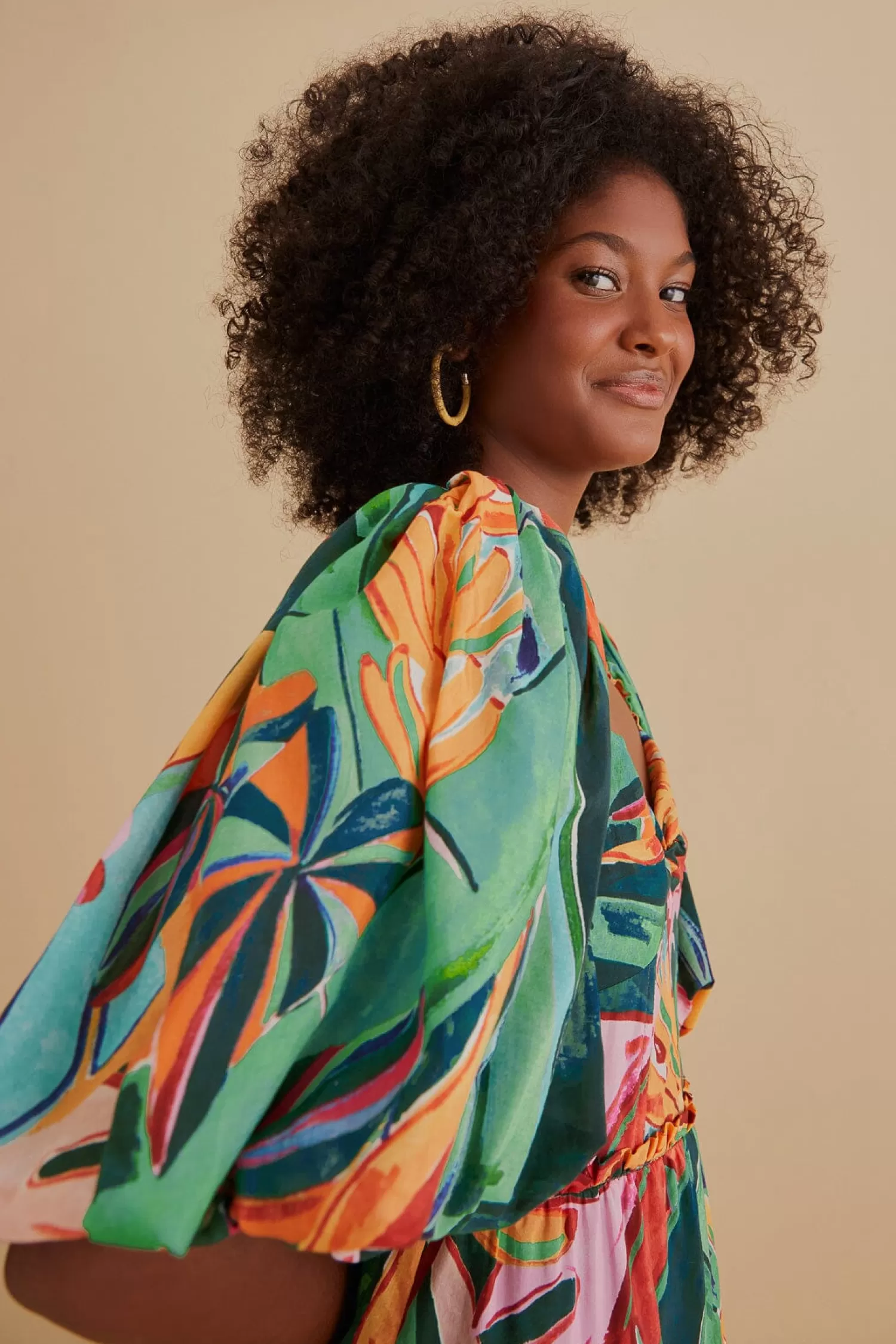 FARM Rio Midi Dresses^ MULTICOLOR BANANA FOLIAGE PUFF SLEEVE MIDI DRESS
