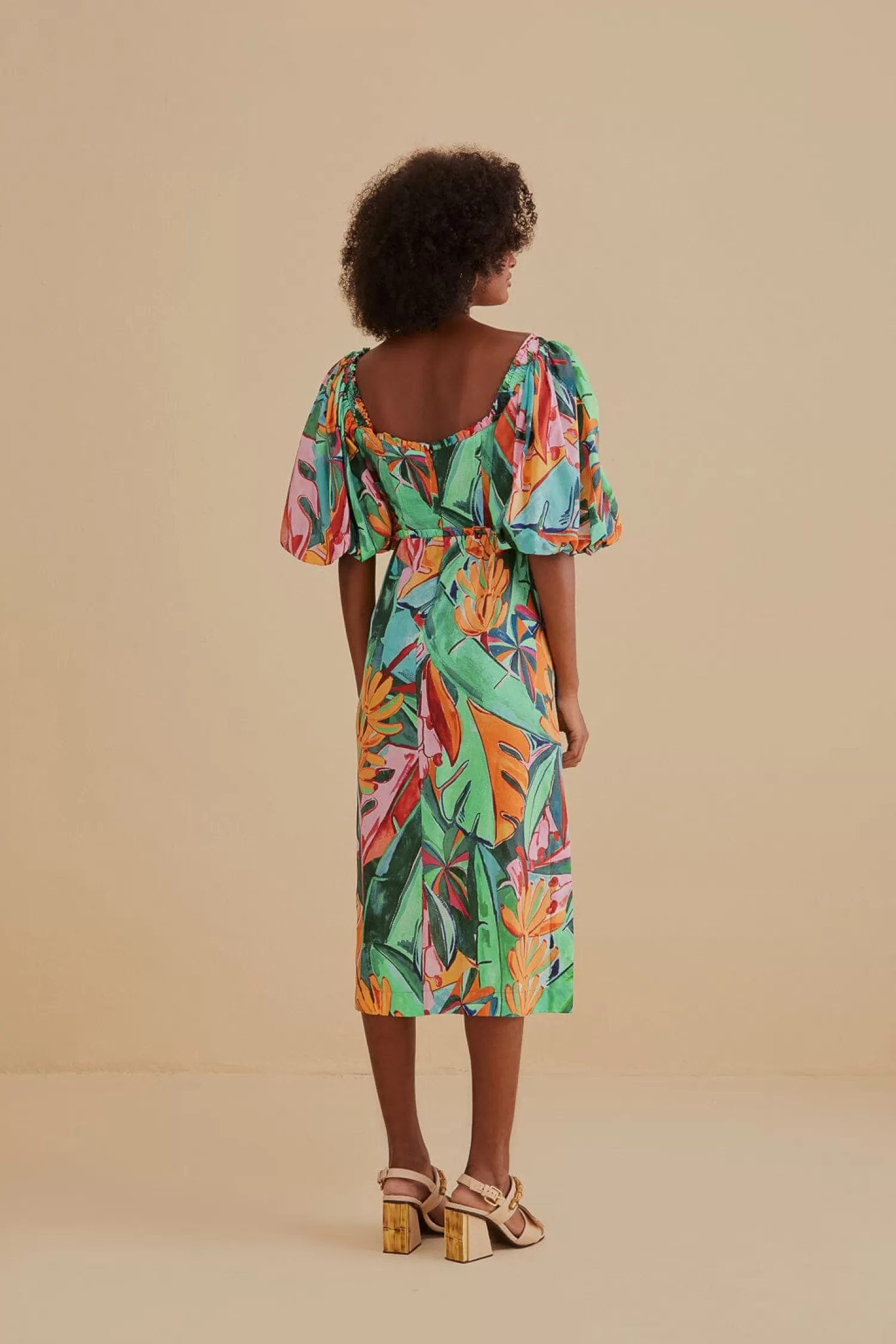 FARM Rio Midi Dresses^ MULTICOLOR BANANA FOLIAGE PUFF SLEEVE MIDI DRESS