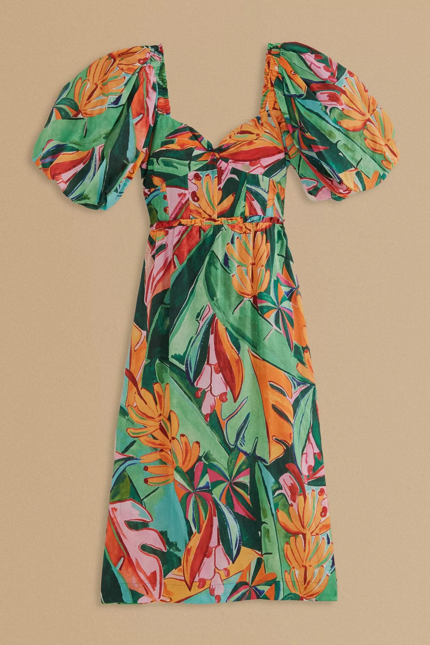 FARM Rio Midi Dresses^ MULTICOLOR BANANA FOLIAGE PUFF SLEEVE MIDI DRESS